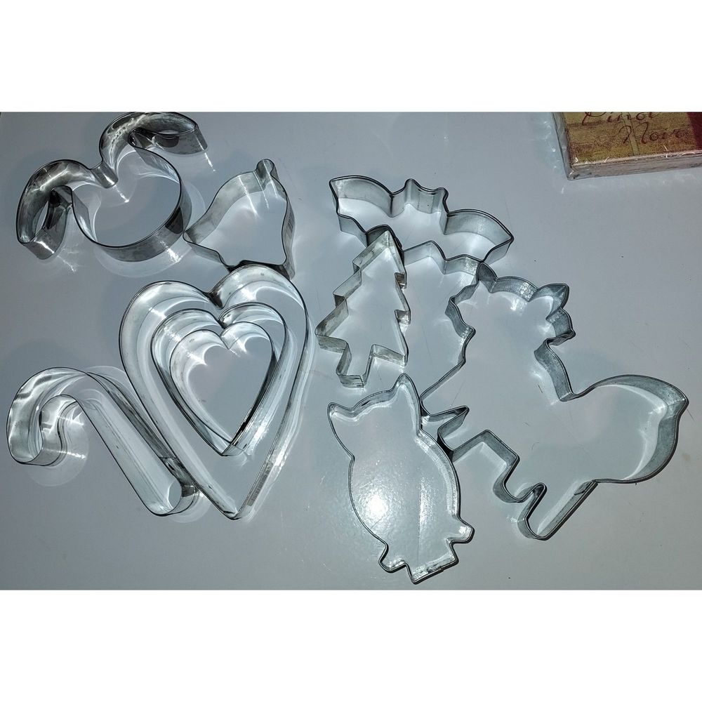 Aluminum Metal Cookie Cutters 10 Pc Lot Owl Fox Tree Bell Candy Cane Bunny Heart